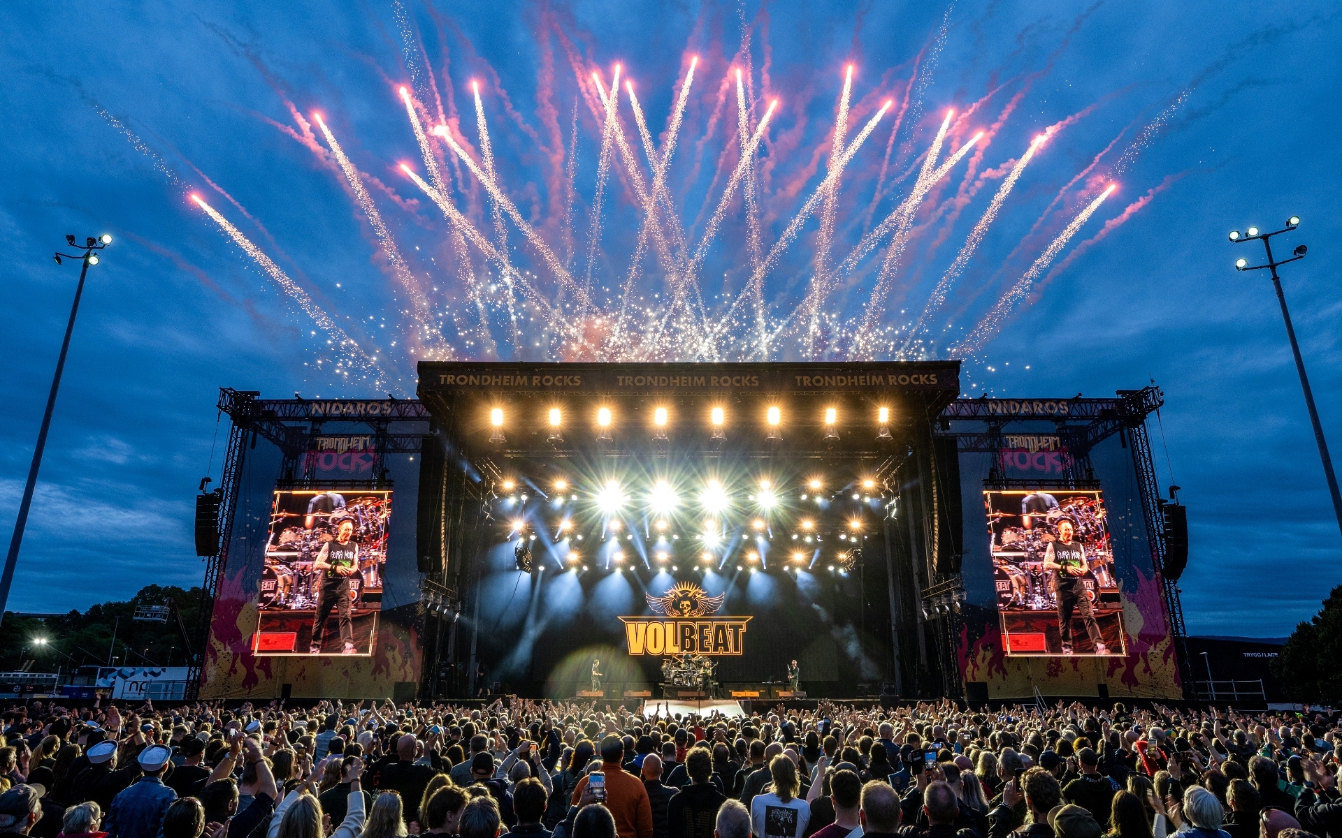 Volbeat on stage at Trondheim Rocks 2026, with the festival audience and PA arrays.